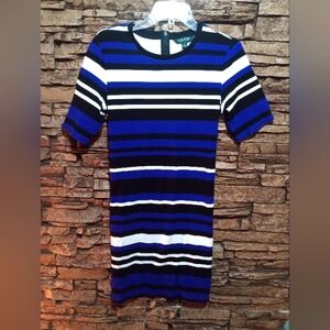 LAUREN RALPH LAUREN Black/White/Blue Short Sleeve Striped Dress